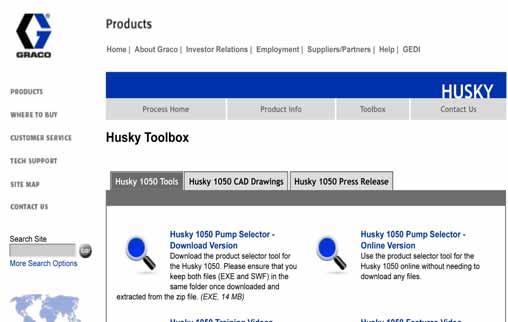 Klicka på Husky 1050 Pump Selector, du väljer antingen download version (nedladdning) eller online version. 1. Gå till www.gracohusky.com. 2.