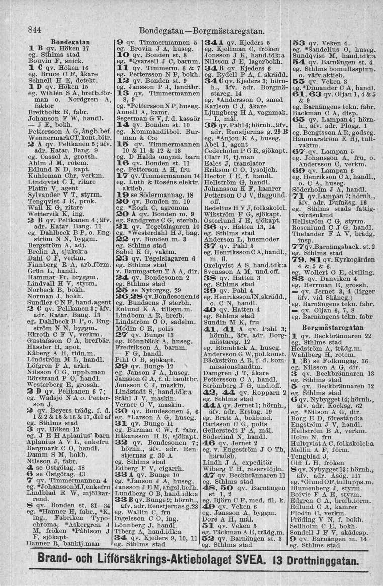 844 Bondegatan 1 B qv. Höken 17 eg. Sthlms stad ' Bouvin F, snick. 1 C qv. Höken 16 ego Bruce C F, åkare Schne)l H E, detekt. 1D qv, Höken 15 ego Wihlen S A, brefb.förman o.