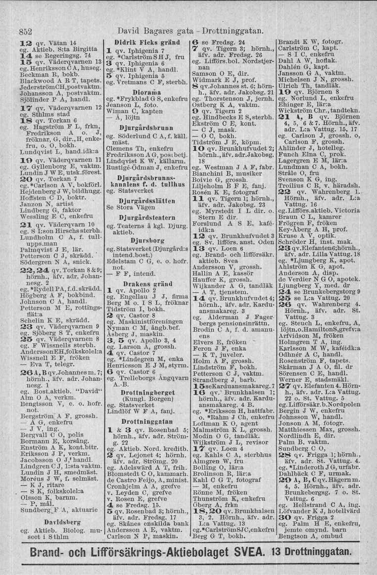 852 12 qv, Vätan 14 ego Aktieb. Sota Birgitta 14 se Regeringsg. 74 15 qv. Väderqvarnen 13 ego Henriksson C A, huseg. Beckman R, bokb. Blackwood A R T, tapets. J ederströmch,postvaktm.
