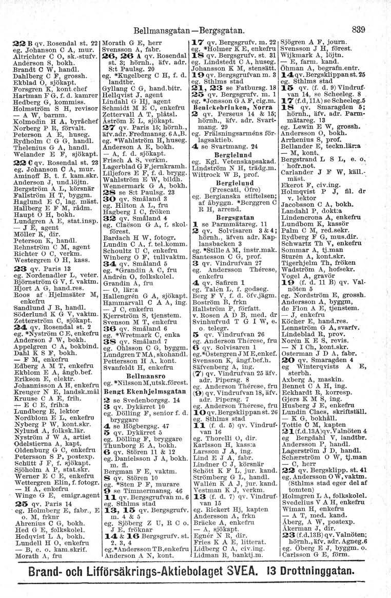 Bellmansgatan - Bergsgatan. 22 B qv. Rosendal st. 22 Morath G E, herr 17 qv. Bergsgrufv. m. 22 ego Johanso,n C AJ mur. Svensson A, fabr. ego Holmer K E, enkefru Altr\chter C O, sk.vstufv.