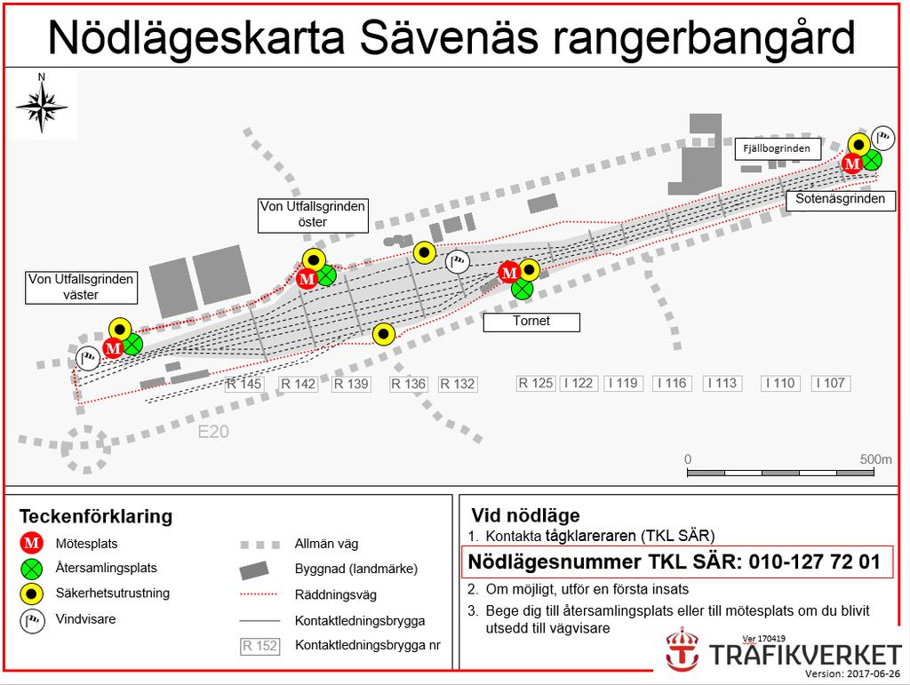 E44 UNDERLAG TILL LINJEBOK TRAFIKVERKET Sävenäs rbg forts fr föregående sida Vid ett nödläge på Sävenäs rangerbangård kommer ett tyfonlarm att ljuda i cirka 3 minuter och följas av ett högtalarutrop