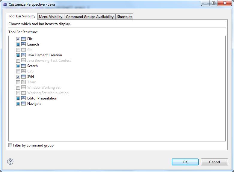 Window -> Customize Perspective -> Tool Bar