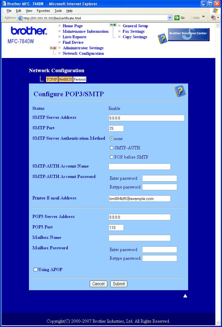 Säkerhetsfunktioner g Du kan konfigurera POP3-/SMTP-inställningarna på den här sidan. Du kan även ändra SMTP-portnummer med hjälp av webbaserad hantering.