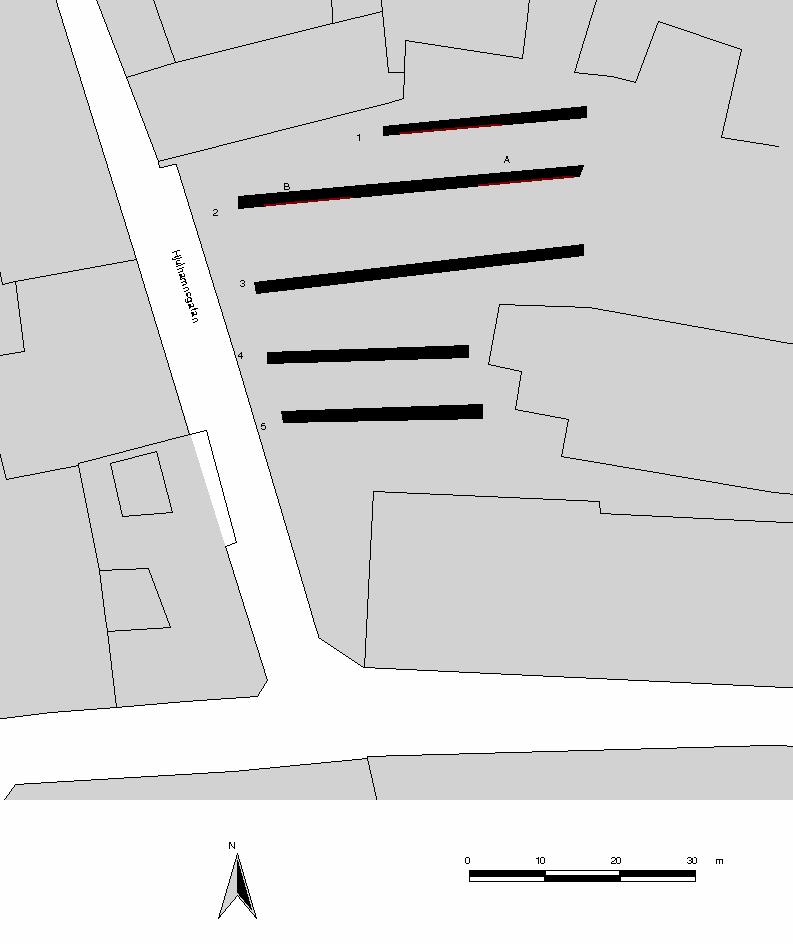 Figur 2.Schaktens placering och numrering, Undersökningsresultat Nivåskillnaderna på det flacka höjdparti där Malmös äldre stadsområde växte fram var små.