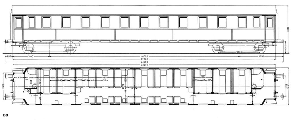 Bild 4: Vagnstyp B8. Ritning: SJ/Kungliga Järnvägsstyrelsen År 1956 försvann konceptet tredje klass och den höjning av livskvalitet som spreds i samhället var tåget tvunget att hålla jämna steg med.