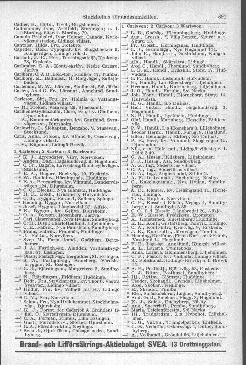 Stockholms förstadssamhällen 891 Gadicr, R, Lörtn, Tivoli, Bergshamra 1:1 Carlsson; 2 Carlson; 3 :Karlsson Callmander, Ivar, Arkitekt, Storängen ; a t}' Storäng 69, r t Storäng, 79 ' L B,