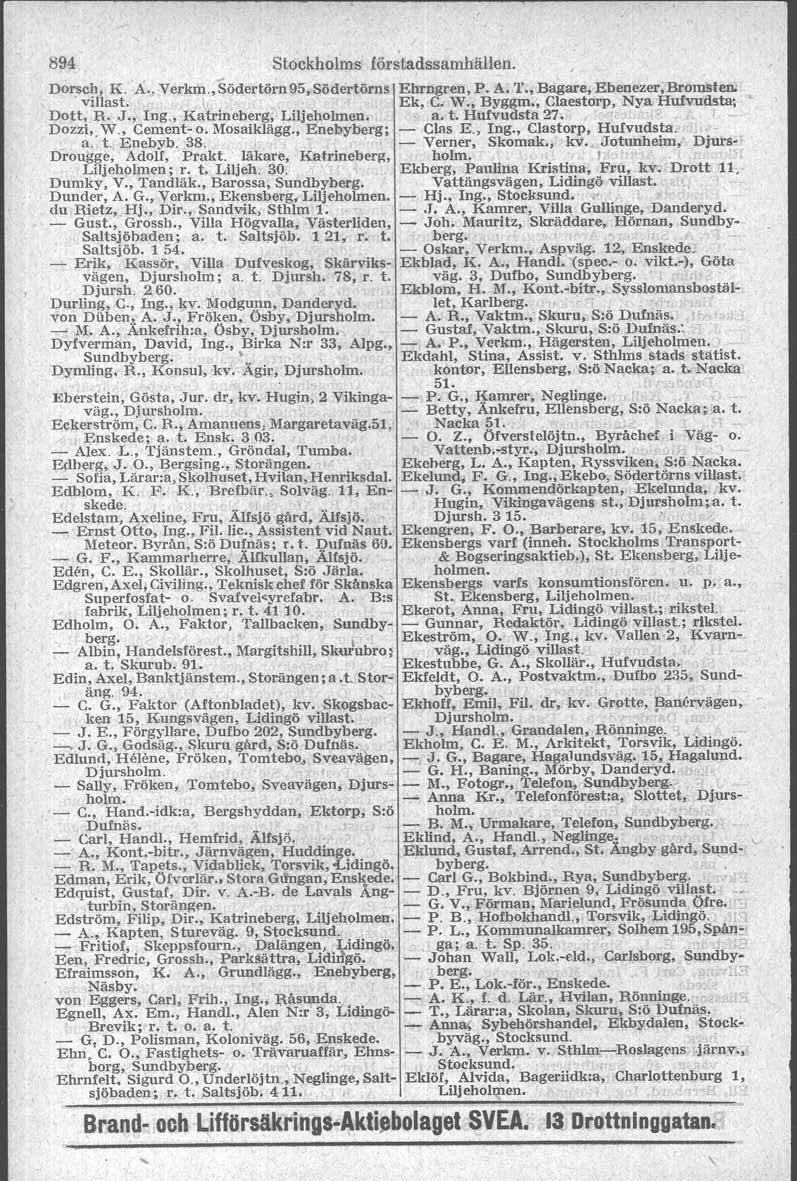 894 Stockholms förstadssamhällen Dorsch, K A, Verkm,Södertörn95,Södertörns villast \ Dott, R J, Ing, Katrineberg, Liljaholmen Dozzi,W, Cement o Mosaiklägg, Enebyberg; a t Enebyb 38 Drougge, Adolf,