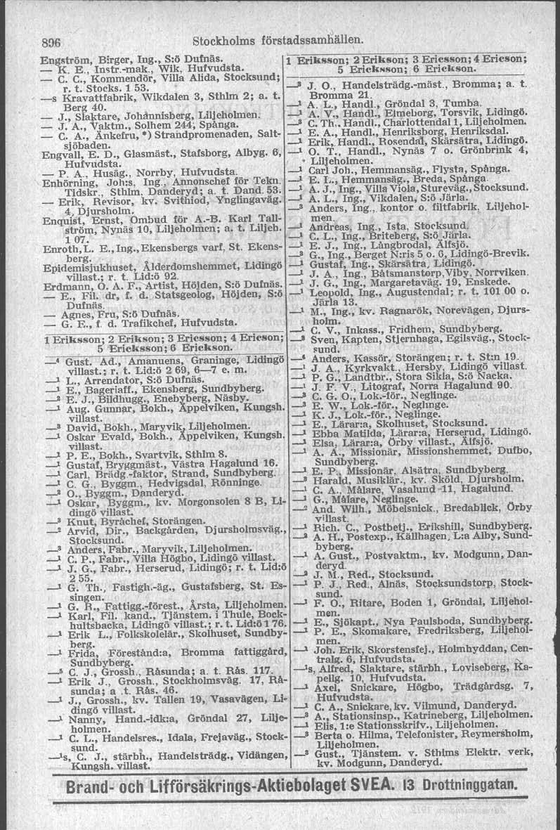 8!)6 Stockholms föt'stadssa~~ällen Engström, Birger Ing S:ö Dufnäs 1 Eriksson; 2 Erikson; 3 Ericsson: 4 Ericson: _ K R, Imtrmak, Wik, Hufvudsta 5 Ericksson; 6 Erickson C C Kommendör, Villa Alida,