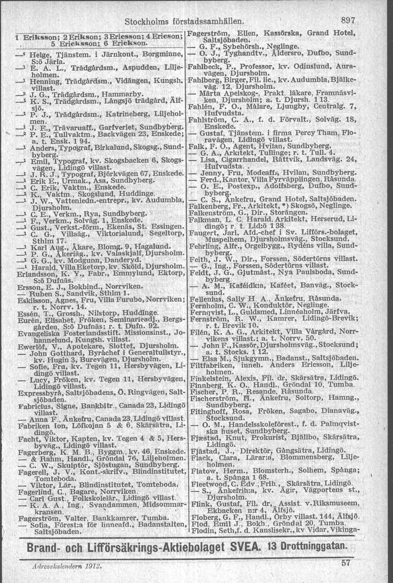 Stockholms ' förstadssamhällen' 1 Eriksson; 2 Erikson; 3Ericsson; 4 Ericson; Fagerström, Ellen, Kassörska, Grand Hotel, 5 Ericksson; 6 Erickson Saltsjöbaden,,1 G F, Sybehörsh, Negfinge _ Helge,