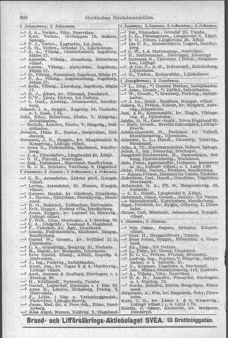 908 l Johansson: 2' Johanson ' J A,Verkm, Yiby, Norrviken ' Karl, Verkm, Spånga Hvitsippan 15, Solhem, ' P J, Verkm, Ångturbin, S:ÖJärla ' ' S H, Verkm, Gröndal 11, Liljeholmen A A, Villaäg,