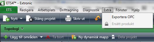 För att importera in gruppadresser måste en esf-fil skapas i ETS4 programmet. 2. Tryck på Extra och sedan Exportera OPC.