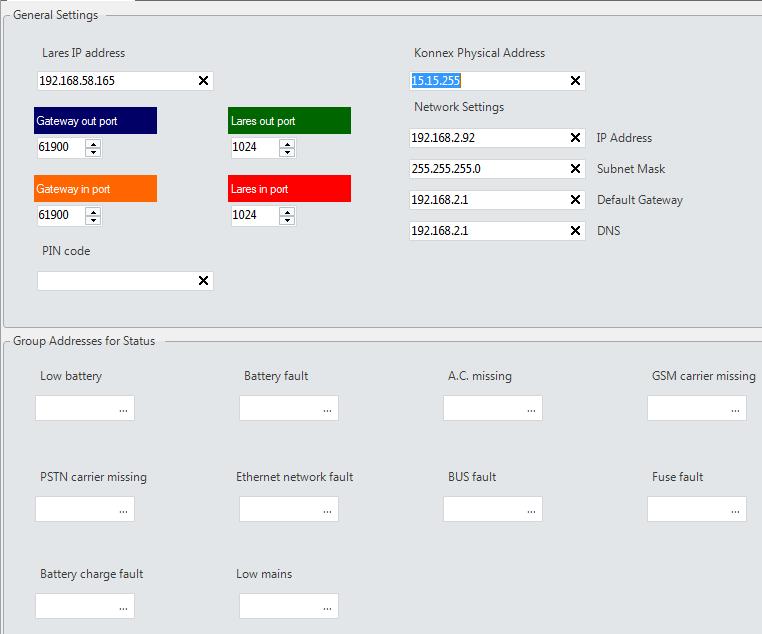 General Settings (Ethernet, Koder, Systemfel etc). Lares IP adress: Centralapparaten lares IP-adress som är programmerat i basis. Konnex Physical adress: KNX porta gateways fysiska KNX adress.