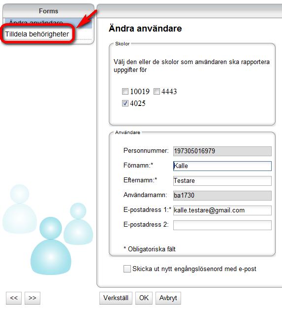 3. Fyll i användarens personuppgifter i rutan Användare. Alla fält med * är obligatoriska, observera formatet på personnumret. Användarnamnet skapas automatiskt och går inte att ändra.