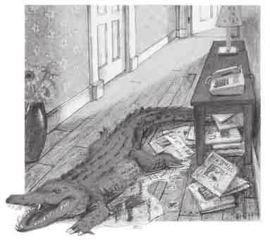 golvet. Anina trodde inte sina ögon när hon såg en grymtande och frustande krokodil komma fram under telefonbordet. Anina blev som bedövad.