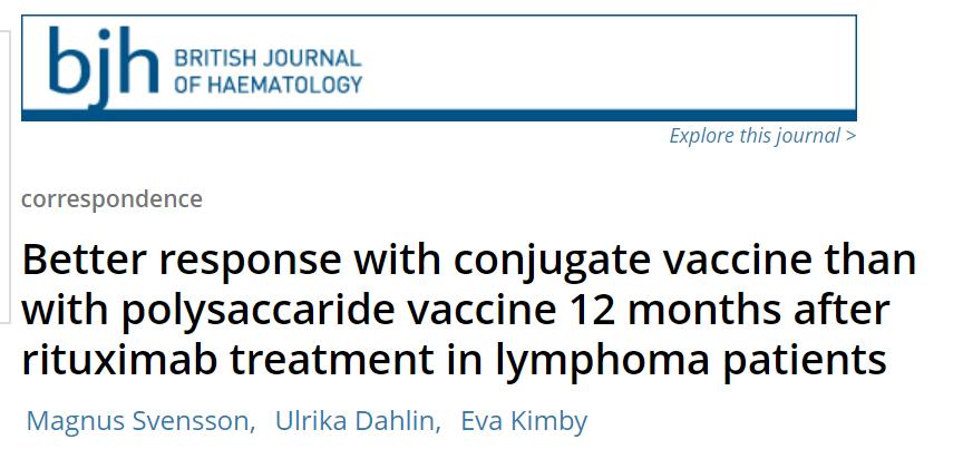 Vaccination of lymphoma patients treated with rituximab monotherapy Unconjugated Pneumovax23: no patients responded Conjugate vaccine, Act-Hib : 62% responded Response evaluated by Statens