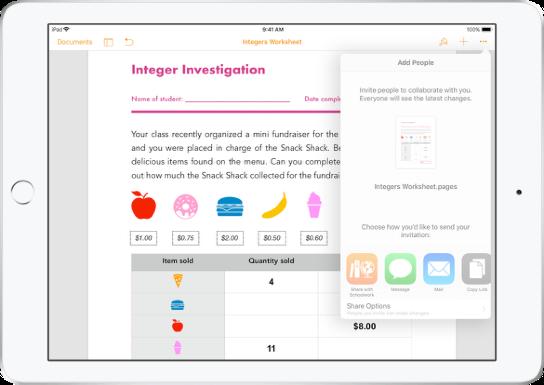 När du lägger till en Pages-, Numbers-, eller Keynote-fil till uppgiften kan du samarbeta med eleverna individuellt. Tryck på infoknappen och välj att dela filen med varje elev.