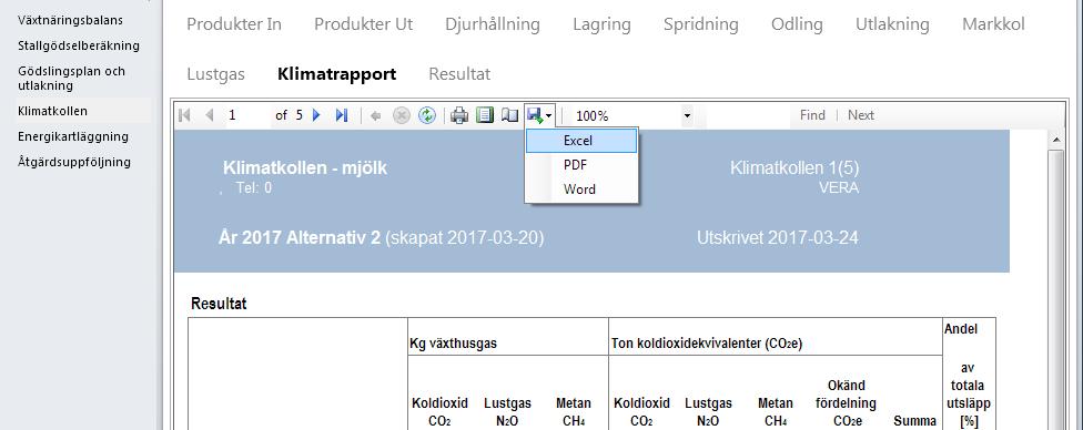 Fliken Klimatrapport Här sammanställs resultatet av klimatberäkningen. Rapporten består av 5 sidor tabeller och diagram.