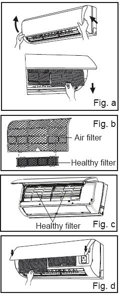 Installation och underhåll av mikrofilter Installation av mikrofilter 1. Lyft upp frontpanelen i dess bägge ändarna som framgår av pilens riktning och ta sedan bort luftfiltret. (som visas i Fig.a) 2.
