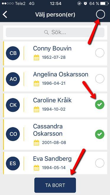 Markera personerna som du önskar ta bort från
