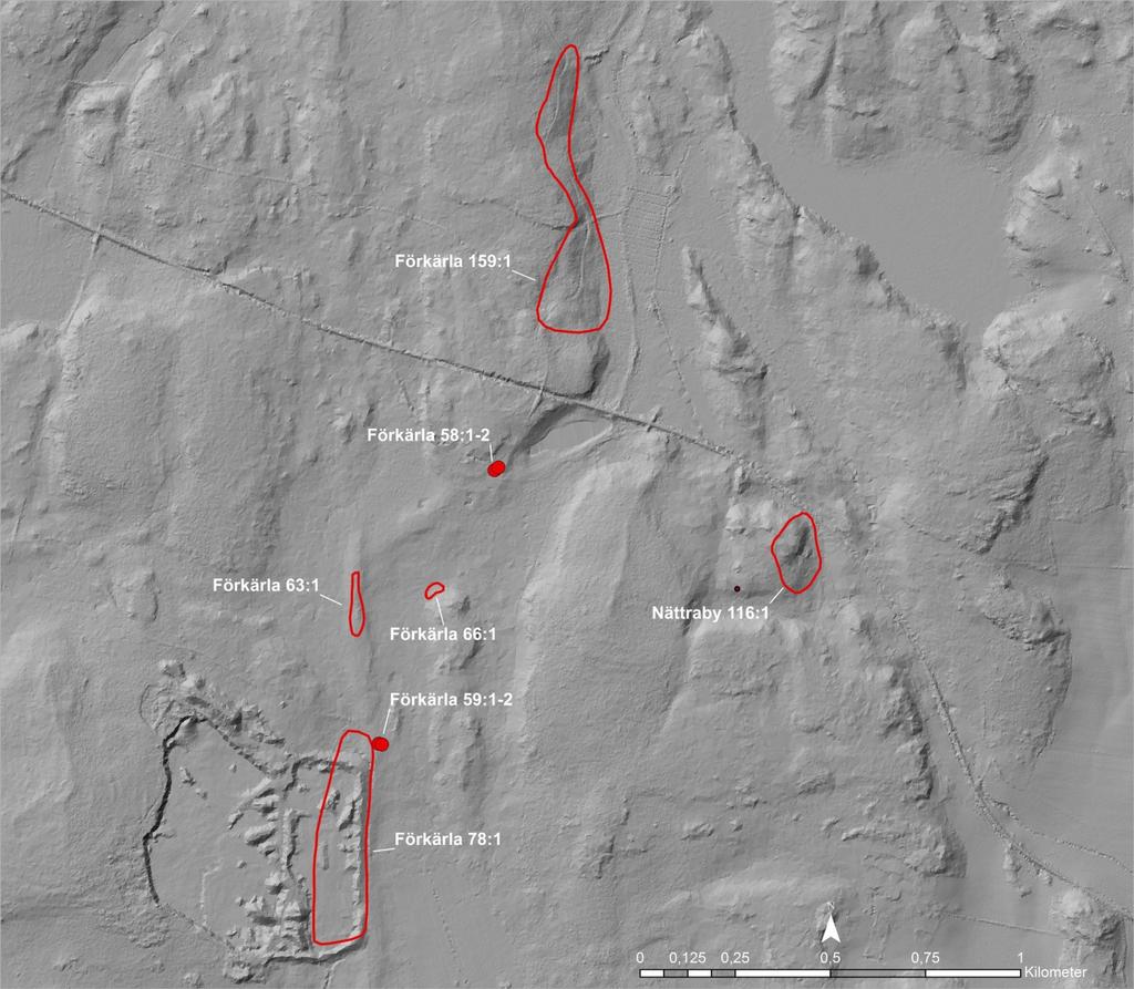 Figur 3 Fornlämningsöversikt markerat på LIDAR-karta Expansionen i detta för bygden tämligen perifera läge förefaller härefter främst ske under mellersta järnåldern (Björkqvist & Persson 1990).