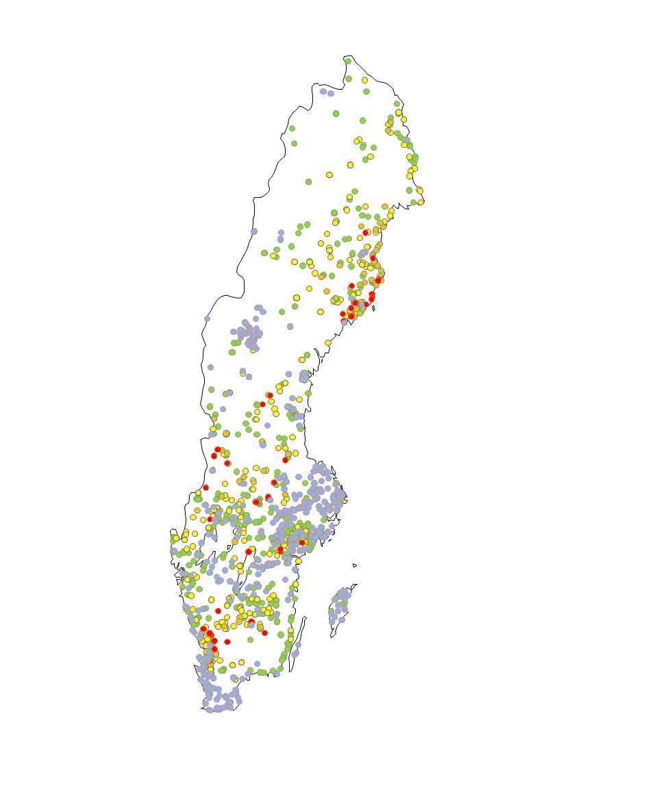 Fig. 4. Geografisk fördelning av vattendrag med kiselalgsprovtagningar sedan år 2 (n=1521).