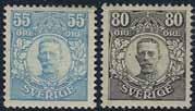 * 700:- 344 60b 1 Kr karmin/grå. Praktstpl BODEN 11.5.1905. 300:- Posthuset / General Post Office 345 65 1903 Posthuset 5 Kr blå, fräscht postfriskt hörnmarginalex.