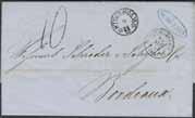 Obetalt brevkuvert sänt från STOCKHOLM 10.10.1854 till PARIS 15.OCT.54. Notering pr ångbåt (P: +600:-).