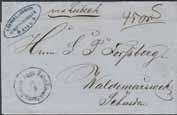 Obetalt brev sänt från STOCKHOLM 29.6.1865 till REIMS 3.JUIL.65. Lösenstämpel 10. Andra stämplar SÖDRA ST.