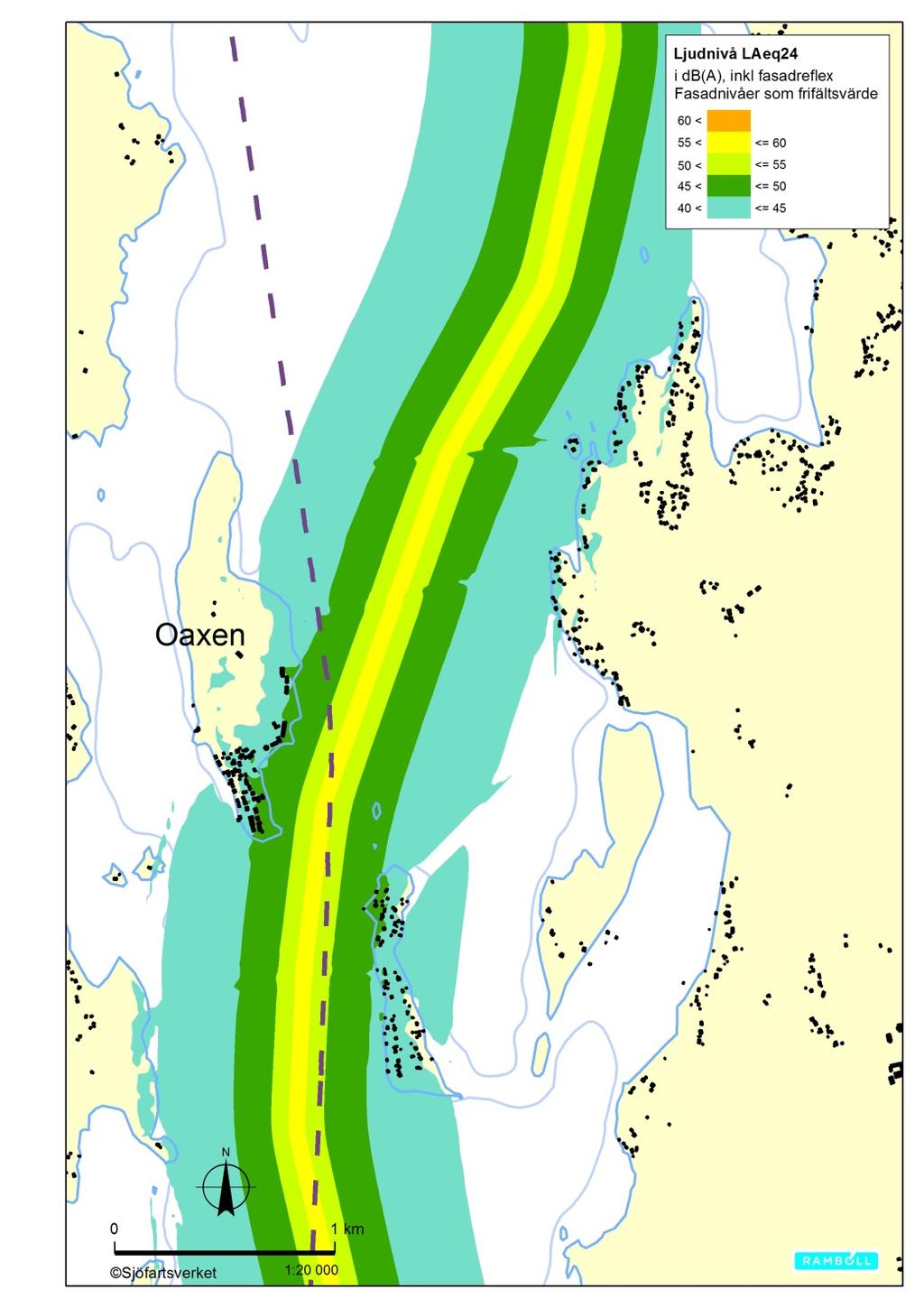 Mellan Oaxen och Skanssundet går valt farledsalternativ i en ny östligare sträckning över Himmerfjärden.