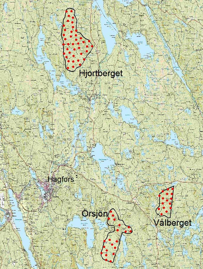 Figur 1. Gustav Adolfs vindkraftpark utanför Hagfors. Parken består av delområdena Hjortberget, Örsjön och Vålberget. Röda prickar visar placering av vindkraftverken.