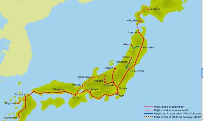 3 BANOR FÖR HÖGHASTIGHETSTÅG I JAPAN Introduktionen av Shinkansen år 1964 innebar att sträckan Tokyo Osaka kunde avverkas på 4 i stället för 6 timmar. Tåget blev konkurrenskraftigt mot flyget.