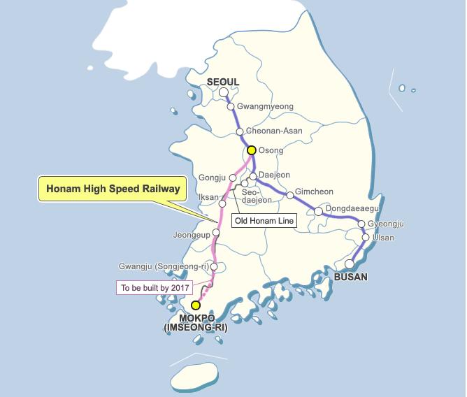 5 BANOR FÖR HÖGHASTIGHETSTÅG I SYDKOREA Sydkorea introducerade höghastighetståg mellan Seoul och Dongdaegu år 2004; en sträcka på 330 km.