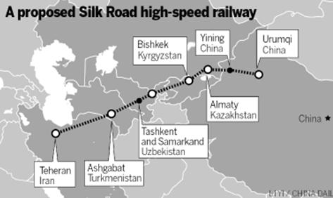 Figur 7.2 Föreslagen järnväg mellan Kina och Iran. Källa: China wants to build a high-speed rail link to a newly open Iran (2017-02-09).