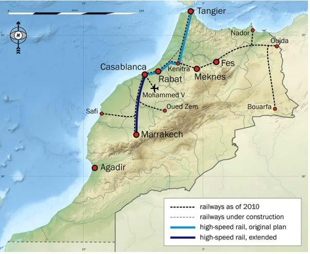 minst 300 km/tim (UIC 2016-08-23) 17. Figur 7.5 visar planerad utbyggnad av järnvägarna i Marocko inklusive den nästan färdigbyggda sträckan för höghastighetståg mellan Tanger och Kenitra. Figur 7. 5 Sträckning av höghastighetsbanan mellan Tanger och Kenitra samt planerade förbindelser med snabbtåg i Marocko.