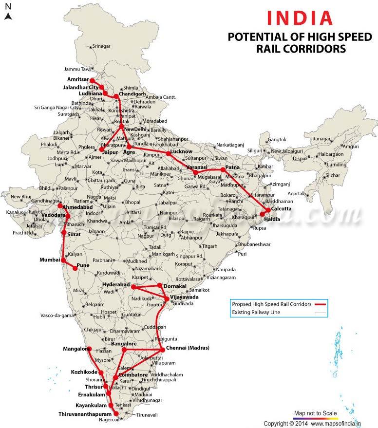 Figur 8.1 Potentiella trafikkorridorer för höghastighetståg i Indien. Källa: Maps of India.com (2017-04-11).