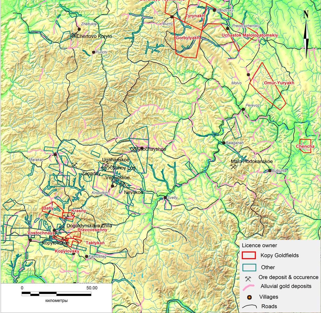 Samtliga fyndigheter är belägna upp till 150 km ifrån Sukhoy Log (60 Moz), vilken är den största outvecklade guldfyndigheten i Ryssland.