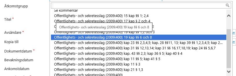 5. Skyddskod Värdet Nej Allmän handling är förvalt. Är ditt dokument sekretessbelagt, ändra skyddskod och ange enligt vilken det är sekretess.