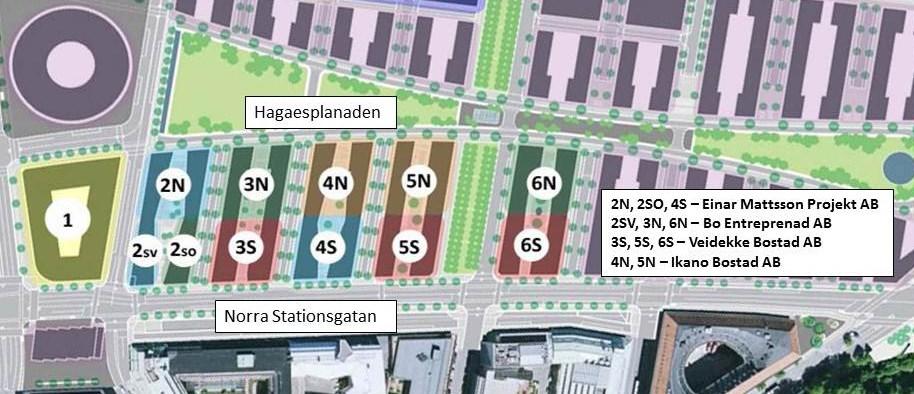 Sida 6 (14) rätterna inom utbyggnadsetappen (kvarter 2-6) fördelades då enligt nedanstående karta. Den nya strukturen innebar bl.a. att marknivån för gator och kvarter ändrades i förhållande till tidigare kvartersstruktur vilket i sin tur påverkade lokalgatornas lutning.