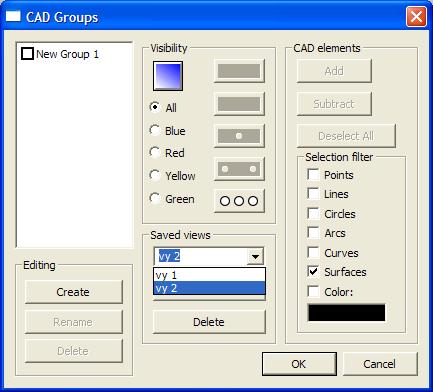 Vyer kan användas i CAD grupper och CAD komplettenhet (MR2) Vyer kan skapas och återkallas ifrån dialogerna CAD Grupper och CAD Komplettenhet.