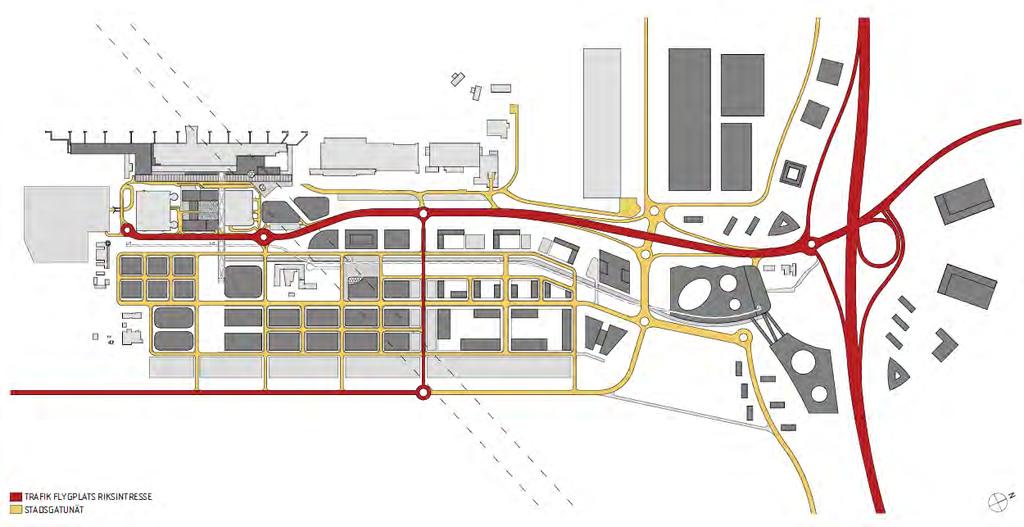 7. FASTIGHETSUTVECKLING Förslag stadsplan landside Landvetter forts. Gatusystem Gatunätet till terminal och nya stadsdelar separeras i två gatusystem.