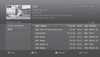 TV Guide Söka program Sök hjälper dig att söka programmen på ett mer exakt sätt genom att använda nyckelord eller genre. Enligt nyckelord 1. Tryck på den GRÖNA knappen. 2.