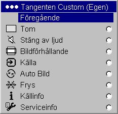 Tangenten Custom (Egen) (endast för användning med tillbehöret fjärrkontroll): ger dig möjlighet att tilldela knappen Custom på fjärrkontrollen en annan funktion, så att du snabbt och enkelt kan