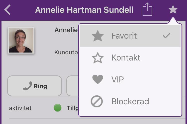 Favorit, VIP/Blockerad Man kan göra en kontakt till Favorit, dvs.