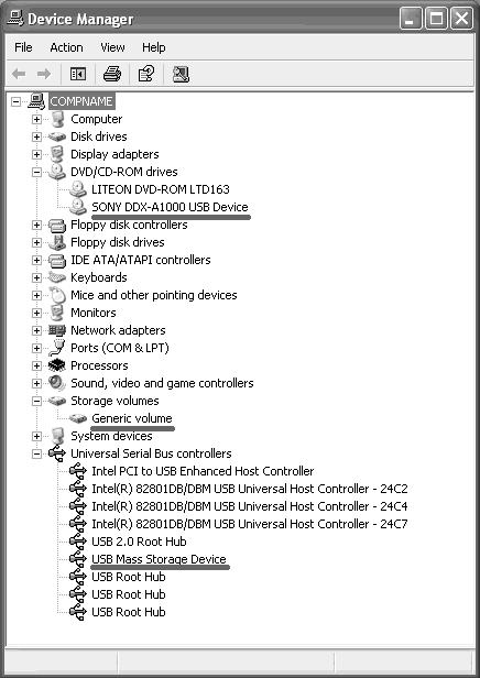 Serial Bus controllers - USB Mass Storage Device. Ecли вce ycтpойcтвa отобpaжeны, знaчит, дpaйвep USB ycтaновлeн пpaвильно.