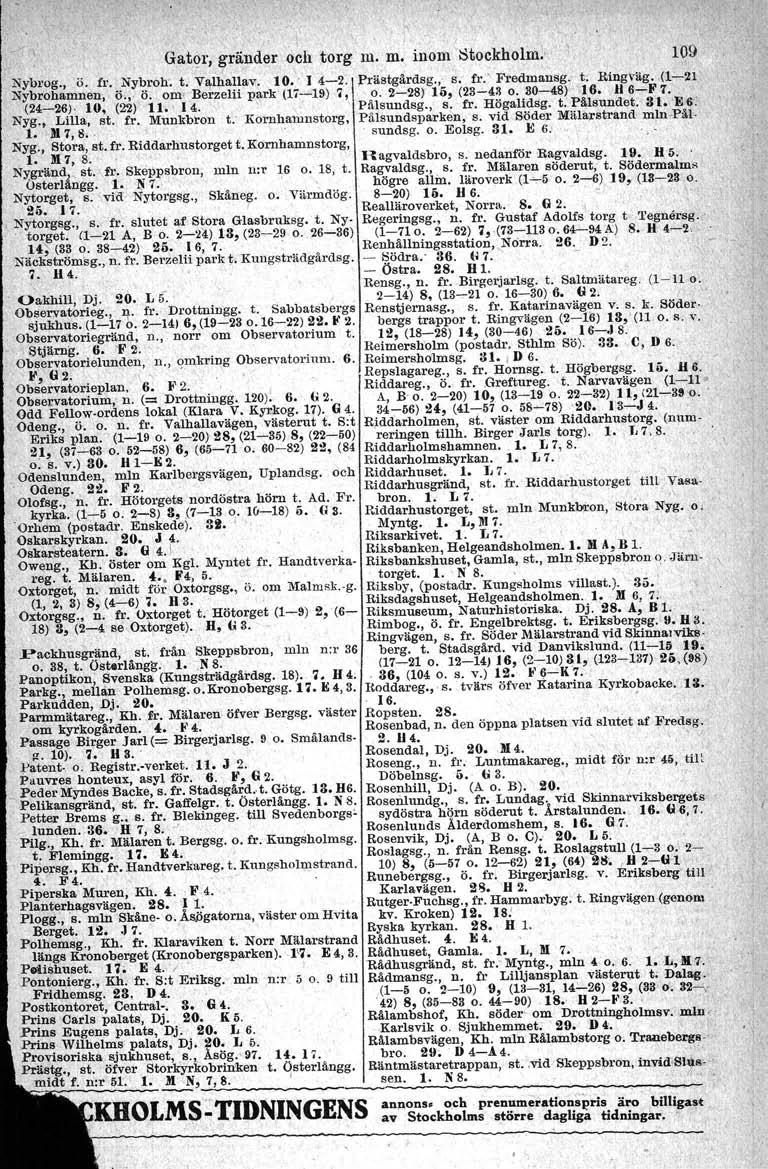 Gator, gränder och torg' m. m. inom Stockholm.. Nyb1'Og., ö. fr. Nybroh'. t. Valhallav. 10.' I 4-2: Nybrohamnen; ö.,- Ö. om' Berzelii park" (17-19) ';, (24-26), 111. (22) 11.' 14.' " Nyg., Lilla, st.