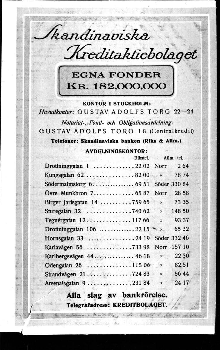 EGNA FONDER - -, ' <KR~182,000,006, KONTOR I STOCKHOLM:, Huvudkontor:' G U S Tf.V A D o.i, f S T O R G 22-:-24 Notariat-, ifond-, och.