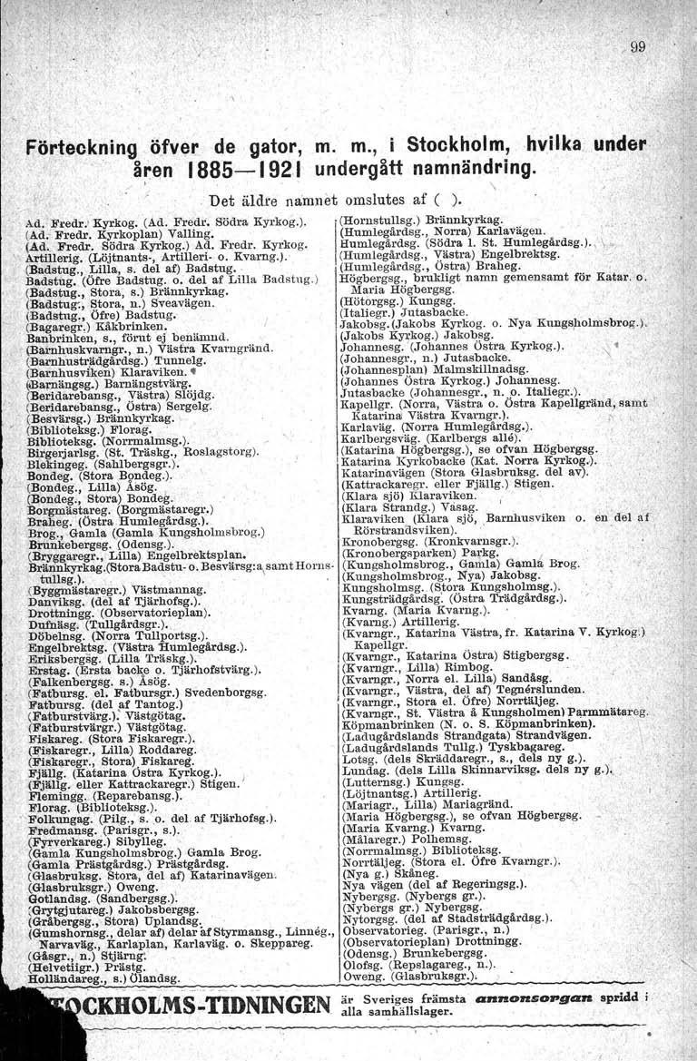 ,l 'förteckning öfve~ de gator, åren 1885-192.1 CKHOEMS-TIDNINGEN m. m., i Stockholm,hvilka,' under undergått namnändring. Det äldre namnet omslutes af ( ). Ad.' Fredr! Kyrkog. (Ad. Fredr. Södra Kyrkog.