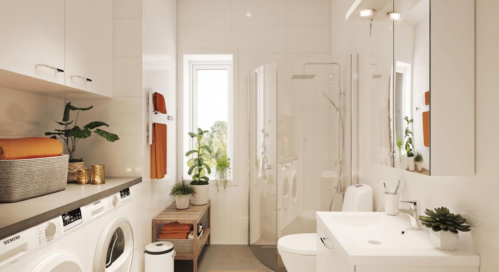 Badrummen har många praktiska detaljer som standard. yteffektiva badrum Badrummet har hög standard redan i sitt grundutförande.