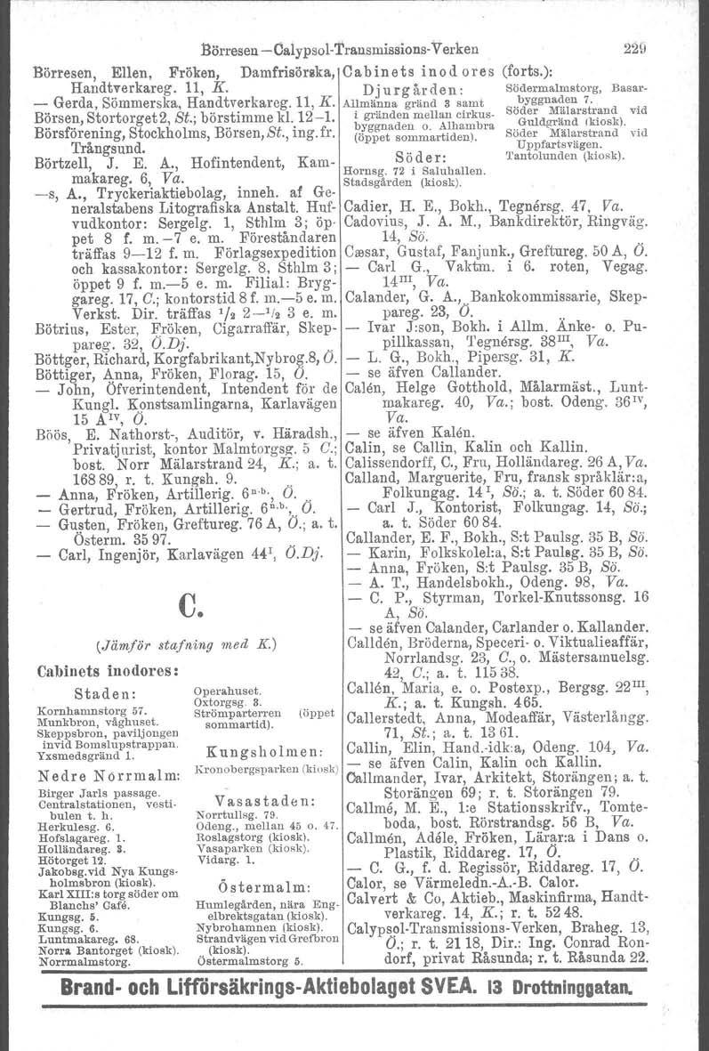 Börresen -Calypsol- Transmissions- Verken Börresen, Ellen, Fröken, Damfrisörska, Cabinets inod or e s Handt.yerkareg. 11, K. Djurgården: - Gerda, Sömmerska, Handtverkareg. Il, K.