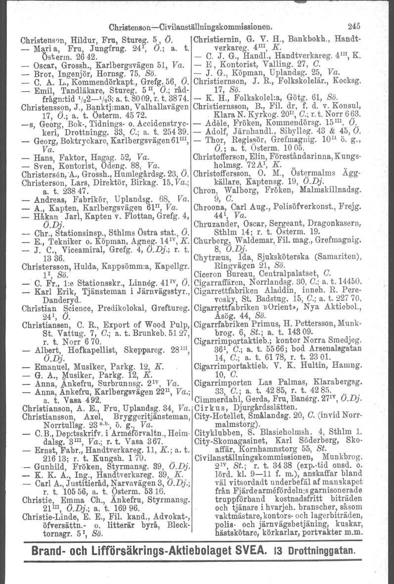 Chrlstensoll'-Civilanställningskommissionell. 245 Ohrlstenson, Hildur, Fru, Stureg. 5., O. Christiernin, G. V. H., Bankbokh., Randt- _ Mari a, Fru, Jungfrug. 241, O.; a. t. verkareg. 4 III, K.